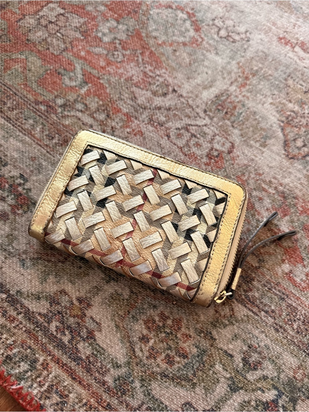 Burberry Gold Woven Metallic Zip Wallet with Multicolor Accents